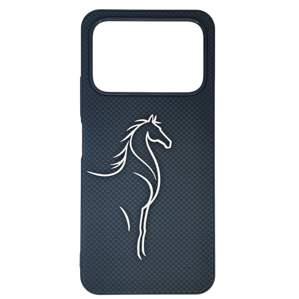 Tecno Spark 40 4G 3D Carbon-Fiber Textured with a White liner Horse Logo design and a rectangular Camera cutout .Premium Luxuary Back Case (Black)