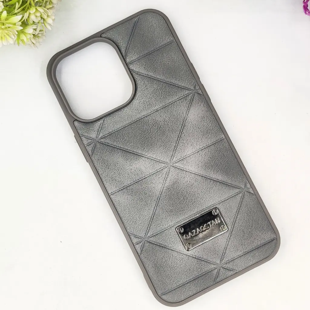 iPhone 14 Pro Max QAZAQSTAN 3D Lining Pattern Premium Leather Back Case (Gray)