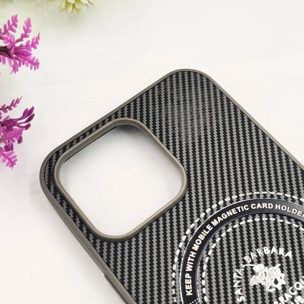 iPhone 15 Pro 3D Polo Leather Carbon Fiber Texture With Magsafe Wireless Charging Compatible Back Case (Gray)