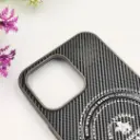 iPhone 15 Pro 3D Polo Leather Carbon Fiber Texture With Magsafe Wireless Charging Compatible Back Case (Gray)