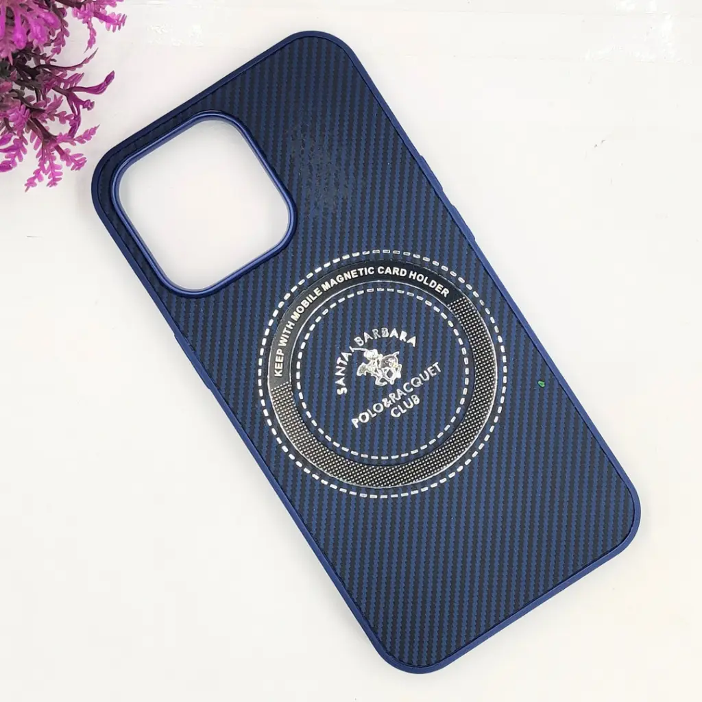 iPhone 15 Pro 3D Polo Leather Carbon Fiber Texture With Magsafe Wireless Charging Compatible Back Case (Navy Blue)