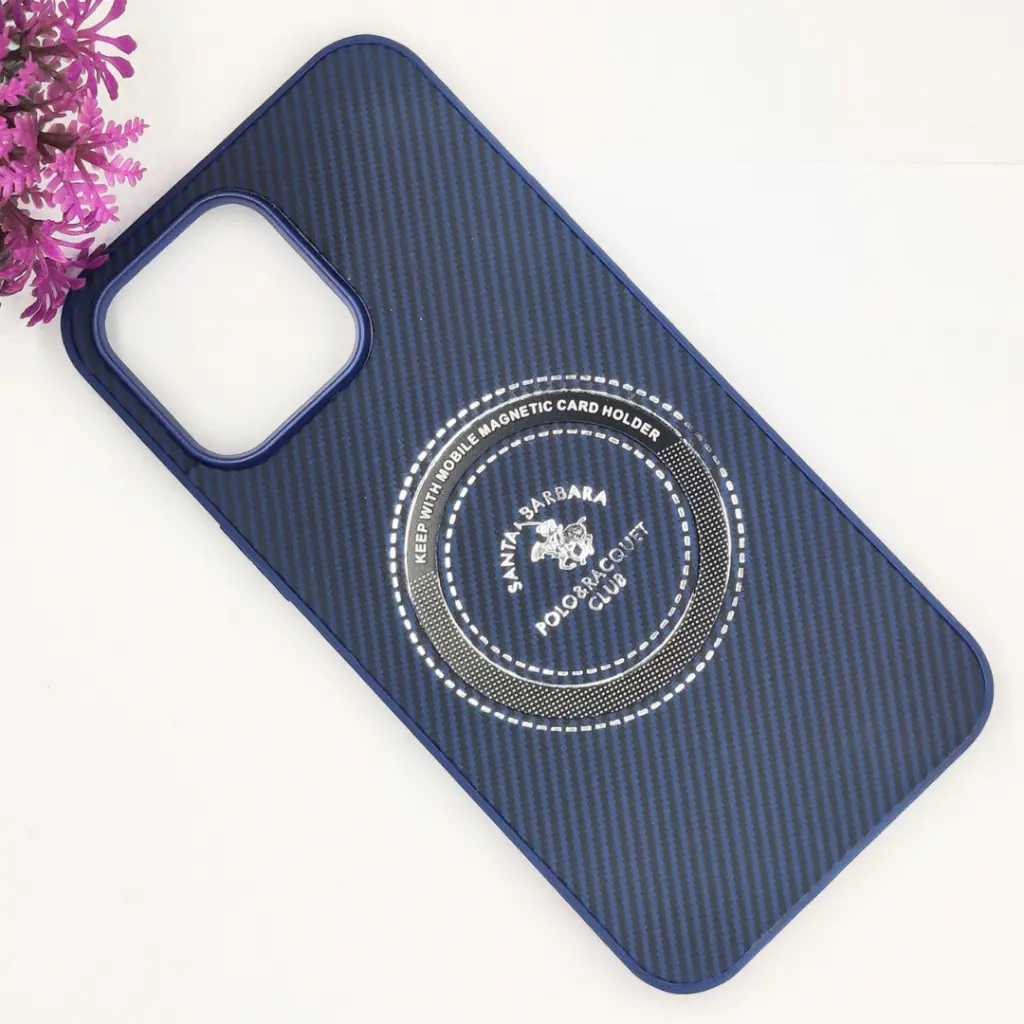 iPhone 14 Pro Max 3D Polo Leather Carbon Fiber Texture With Magsafe Wireless Charging Compatible Back Case (Navy Blue)