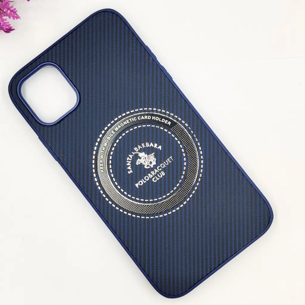 iPhone 11 3D Polo Leather Carbon Fiber Texture With Magsafe Wireless Charging Compatible Back Case (Navy Blue)