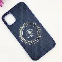 iPhone 11 3D Polo Leather Carbon Fiber Texture With Magsafe Wireless Charging Compatible Back Case (Navy Blue)