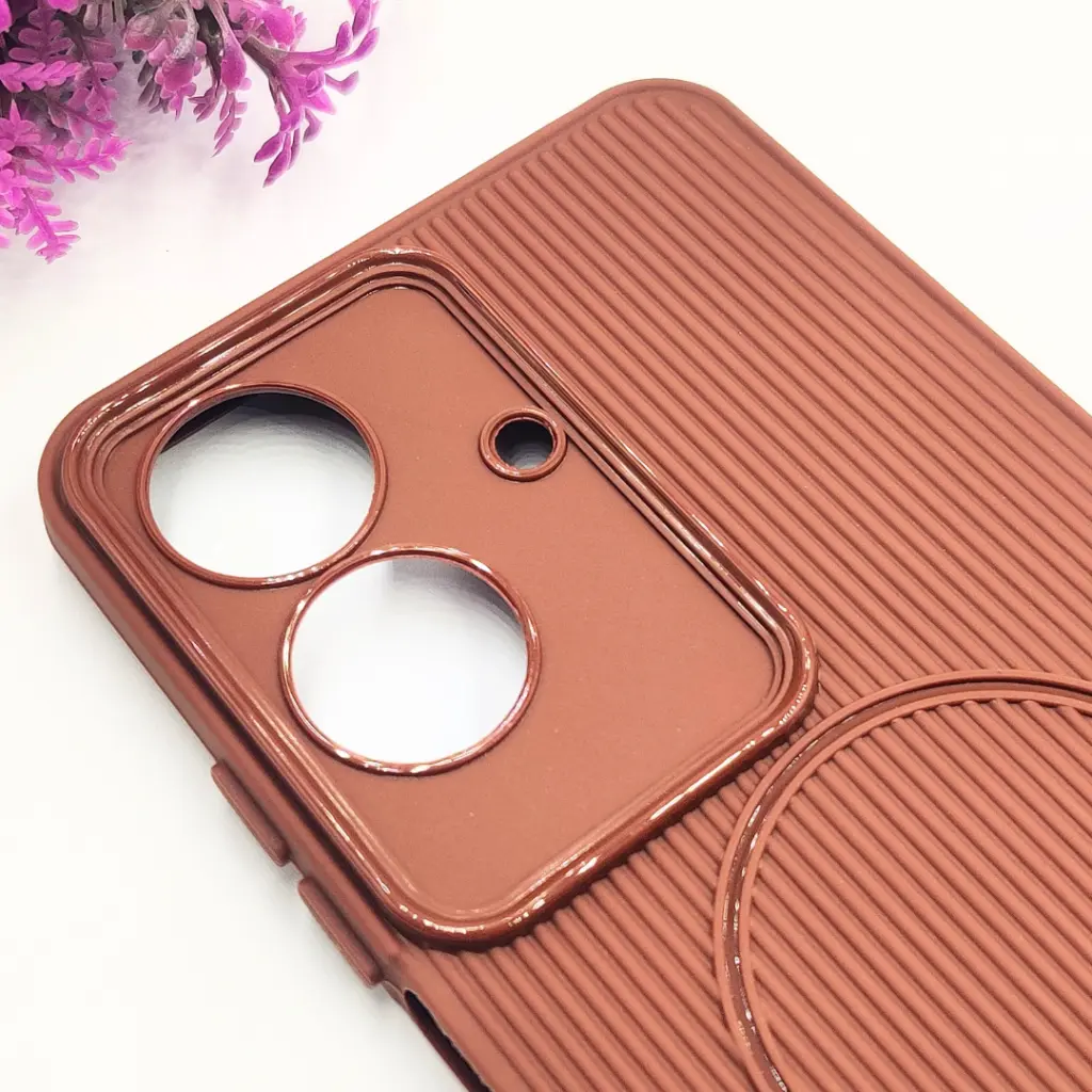 Oppo Realme C61|Realme C63|Note 60|Note 60x|Narzo N61 3D Magsafe Logo Carbon Fiber Lining Texture Back Case (Dark Brown)