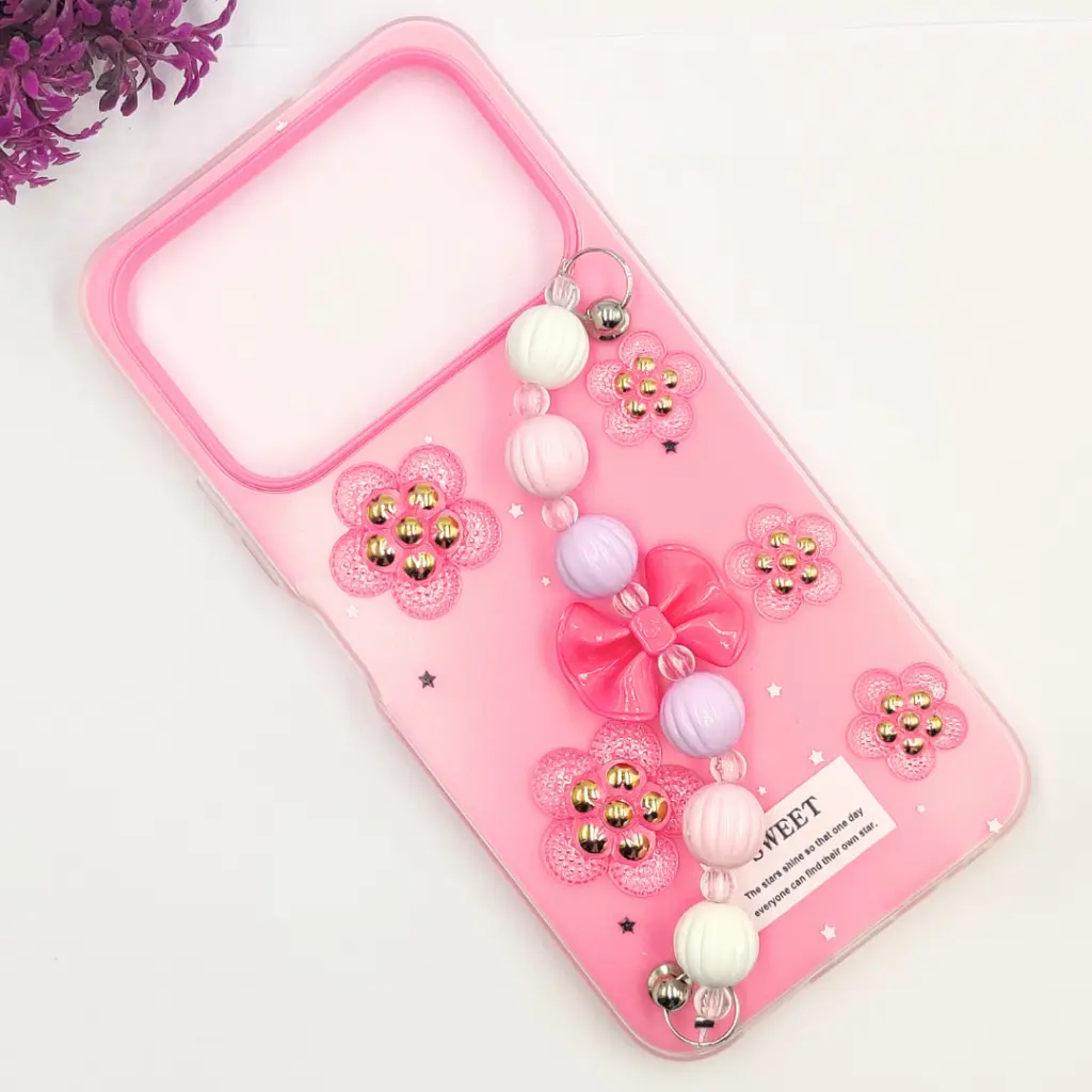 Tecno Spark 40 4G Fancy Ladies Soft Silicone Decorative Stones & Fancy Chain Mobile Back Case (Pink)