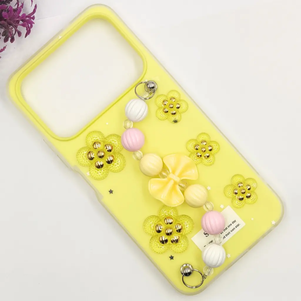 Tecno Spark 40 4G Fancy Ladies Soft Silicone Decorative Stones & Fancy Chain Mobile Back Case (Yellow)