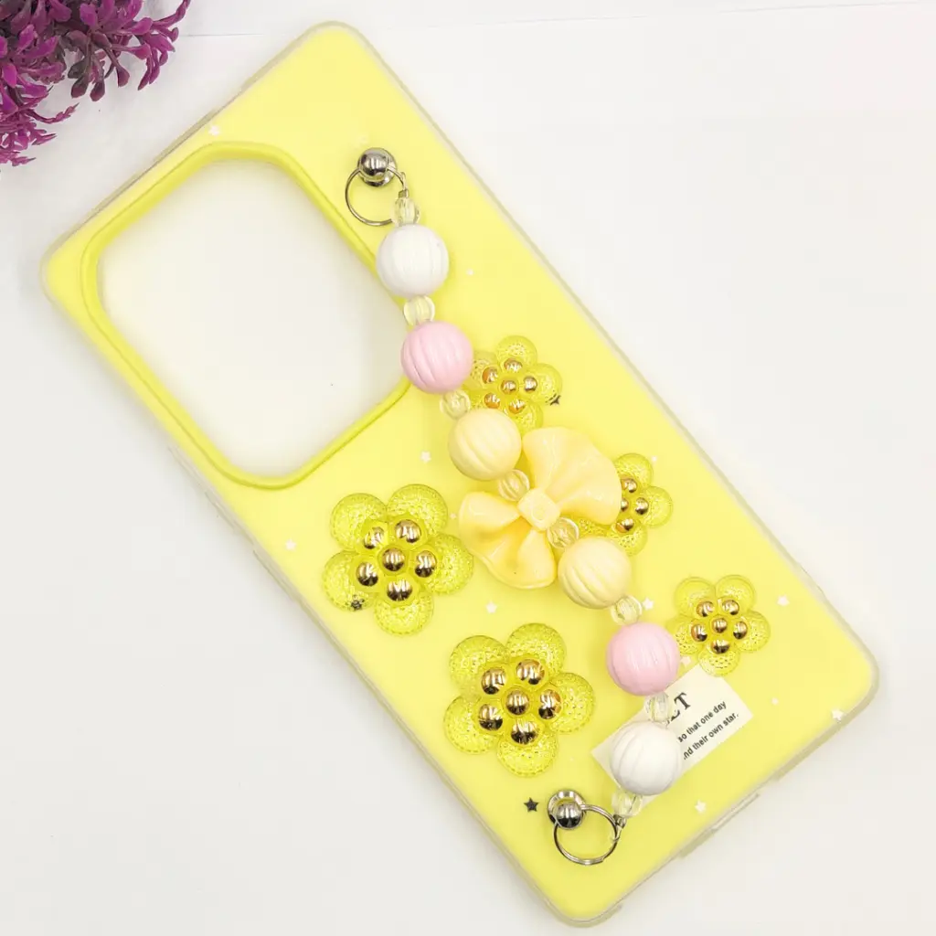 Infinix Note 50 4G|Note 50 Pro 4G Fancy Ladies Soft Silicone Decorative Stones & Fancy Chain Mobile Back Case (Yellow)