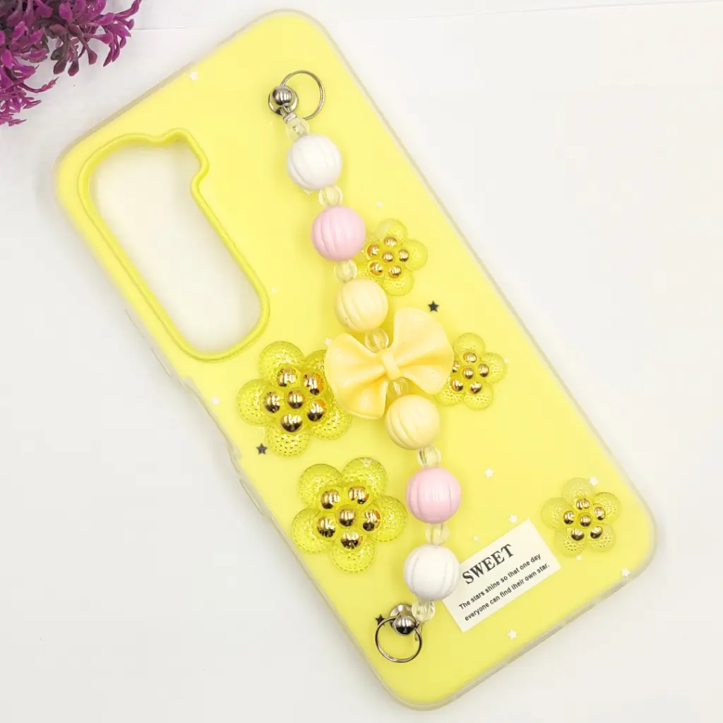 Infinix Hot 60 4G|Hot 60i 4G Fancy Ladies Soft Silicone Decorative Stones & Fancy Chain Mobile Back Case (Yellow)