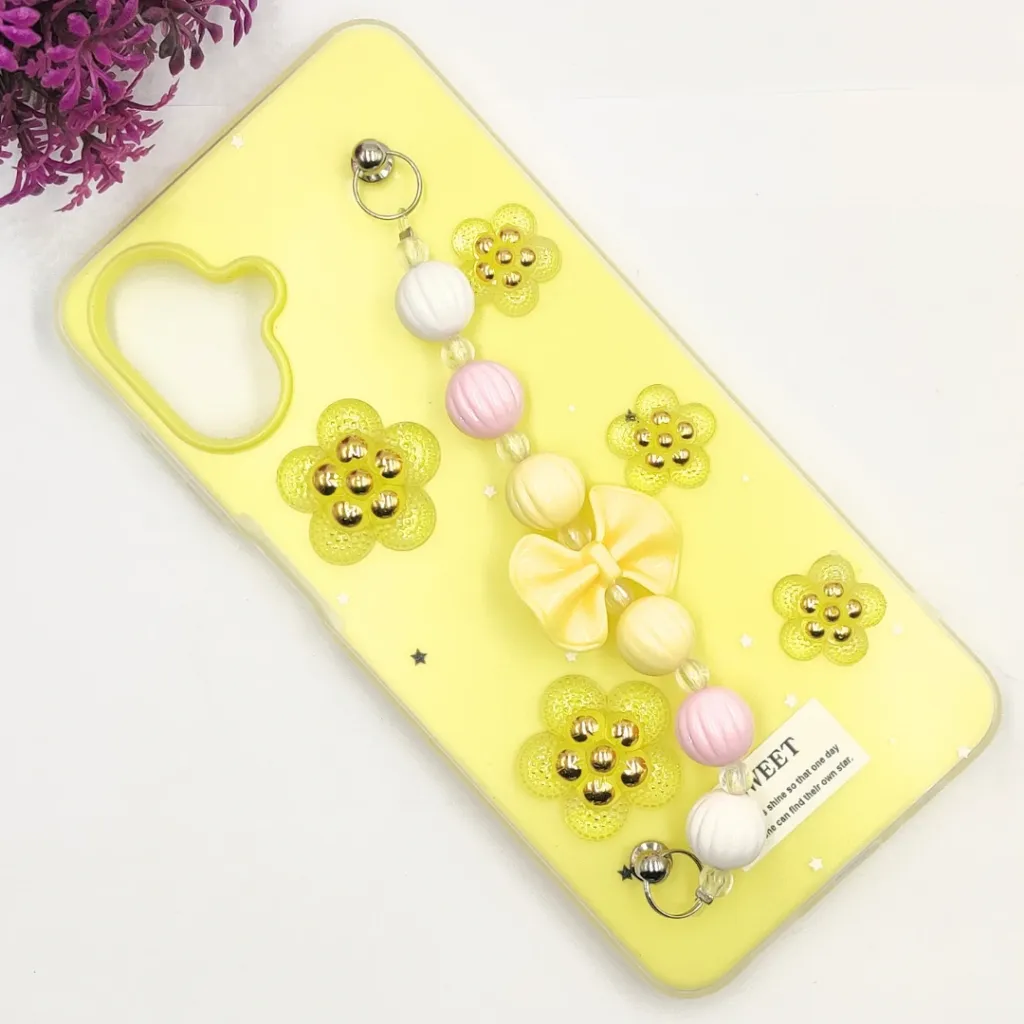 Samsung Galaxy A07 4G|5G Fancy Ladies Soft Silicone Decorative Stones & Fancy Chain Mobile Back Case (Yellow)