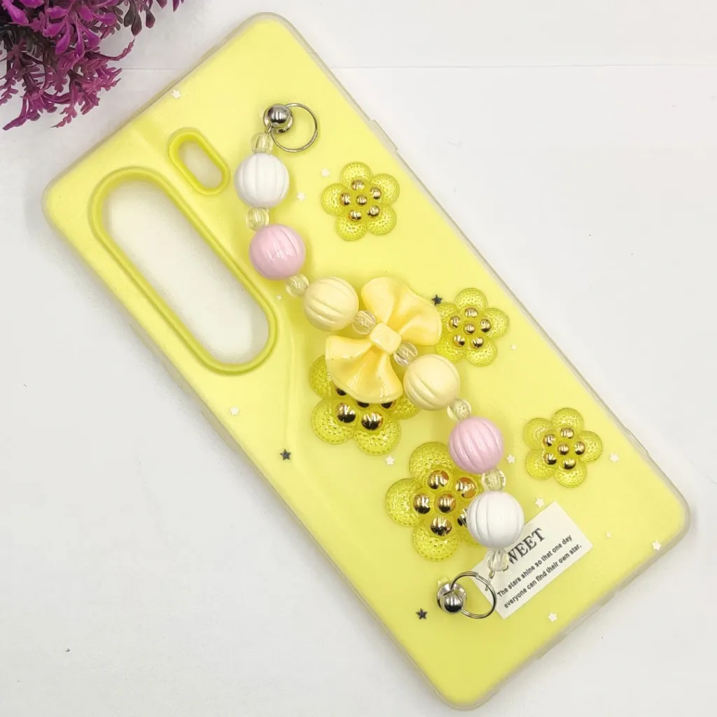 Tecno Camon 40 Pro 4G Fancy Ladies Soft Silicone Decorative Stones & Fancy Chain Mobile Back Case (Yellow)