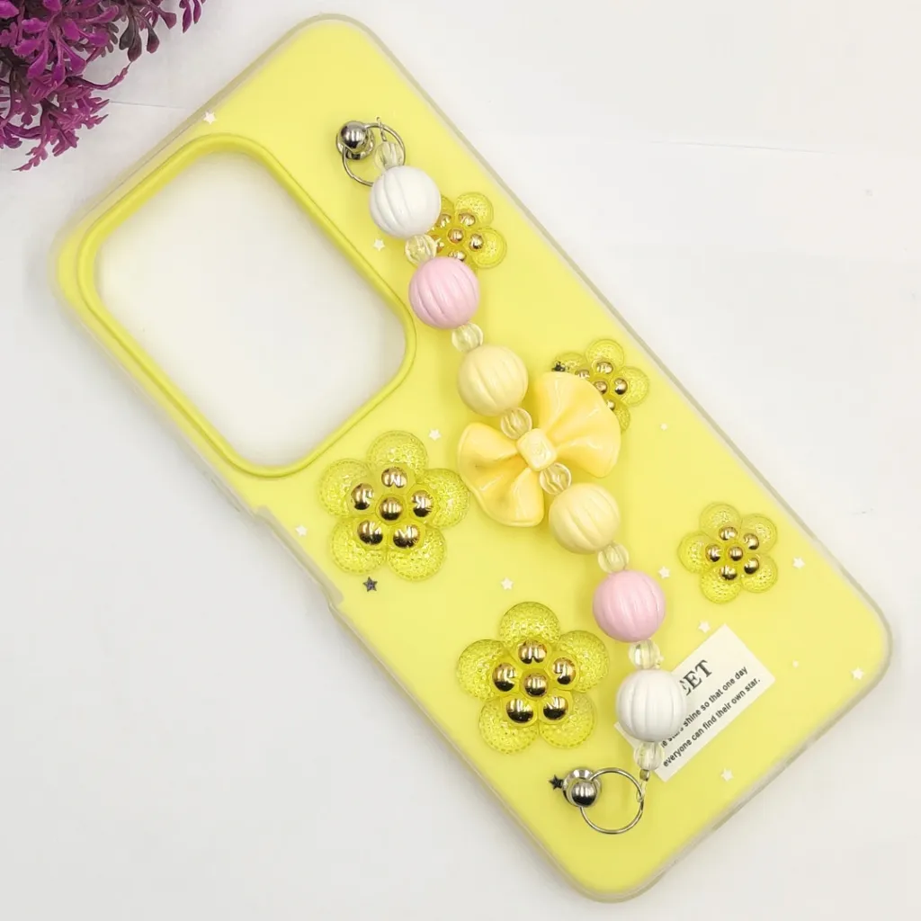 Vivo Y29 4G|T4X 5G Fancy Ladies Soft Silicone Decorative Stones & Fancy Chain Mobile Back Case (Yellow)