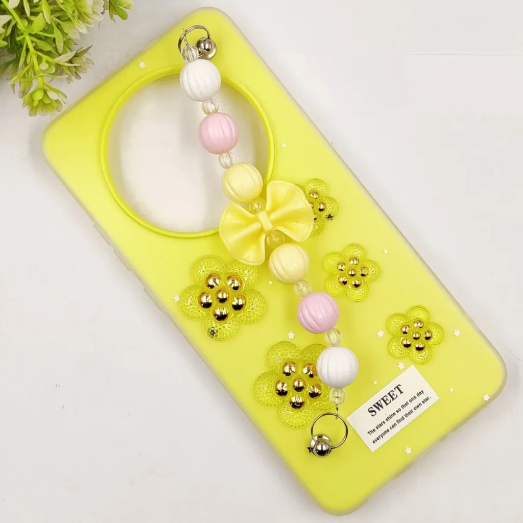 Oppo Reno 12F 4G|5G Fancy Ladies Soft Silicone Decorative Stones & Fancy Chain Mobile Back Case (Yellow)