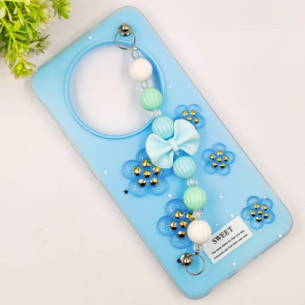 Oppo Reno 12F 4G|5G Fancy Ladies Soft Silicone Decorative Stones & Fancy Chain Mobile Back Case (Sky Blue)