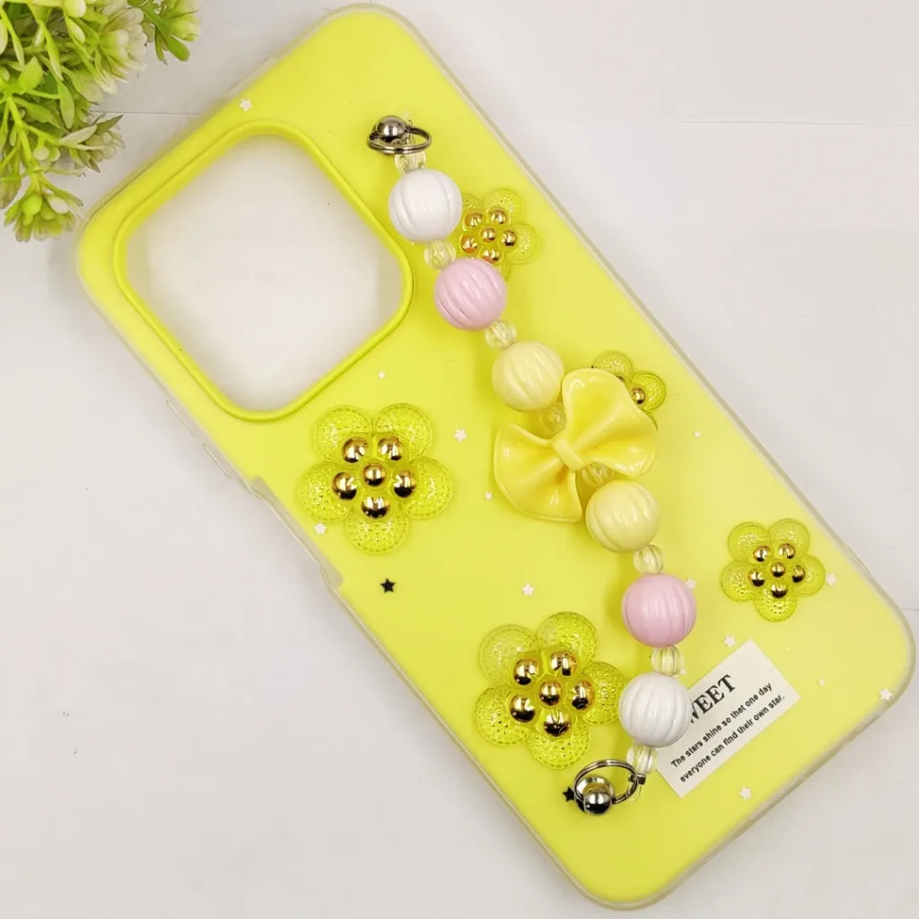 Infinix HOT 50i|Smart 9|Smart 9 HD Fancy Ladies Soft Silicone Decorative Stones & Fancy Chain Mobile Back Case (Yellow)