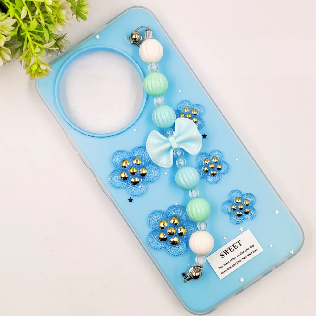Tecno Spark 30 Pro 4G Fancy Ladies Soft Silicone Decorative Stones & Fancy Chain Mobile Back Case (Sky Blue)