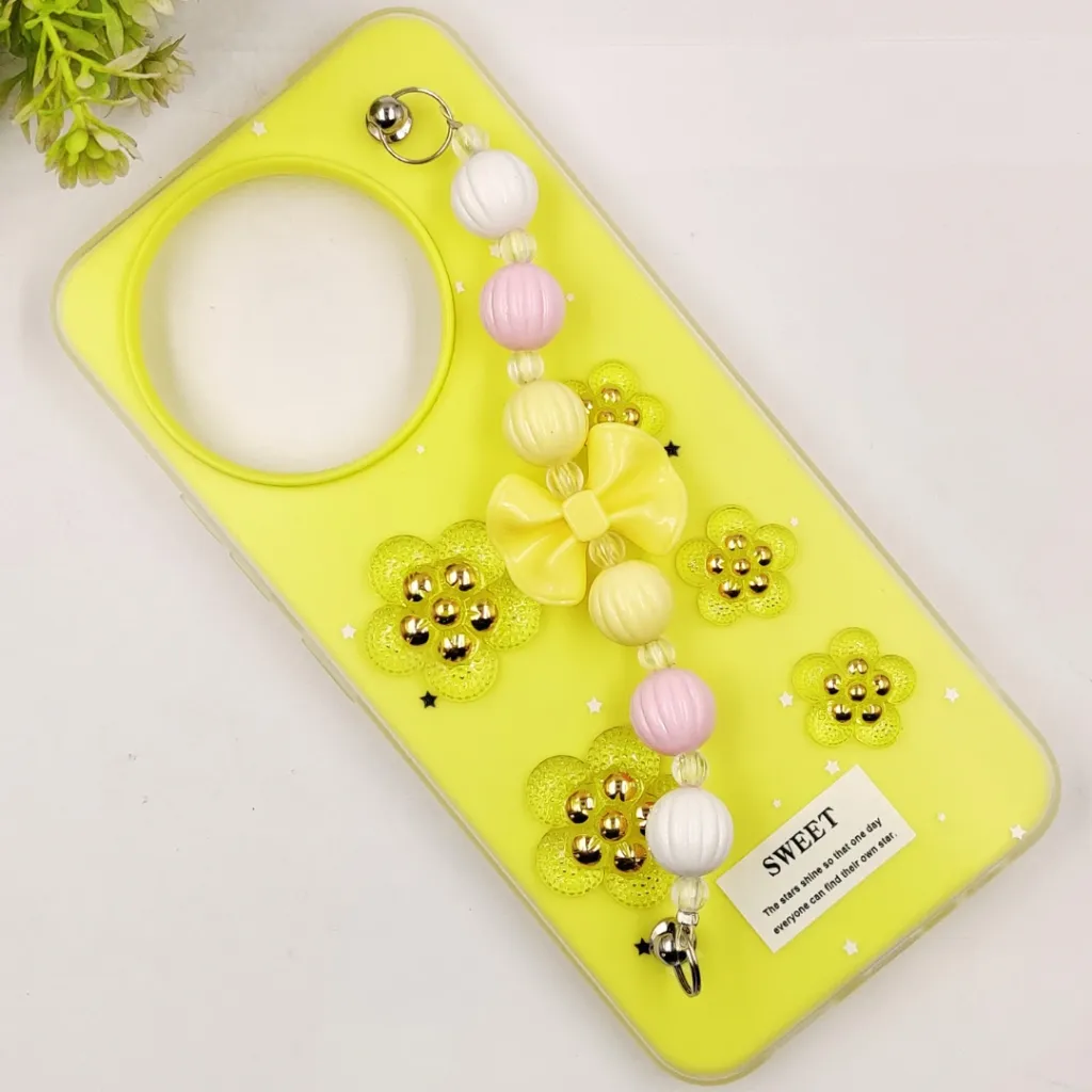 Tecno Spark 30 Pro 4G Fancy Ladies Soft Silicone Decorative Stones & Fancy Chain Mobile Back Case (Yellow)