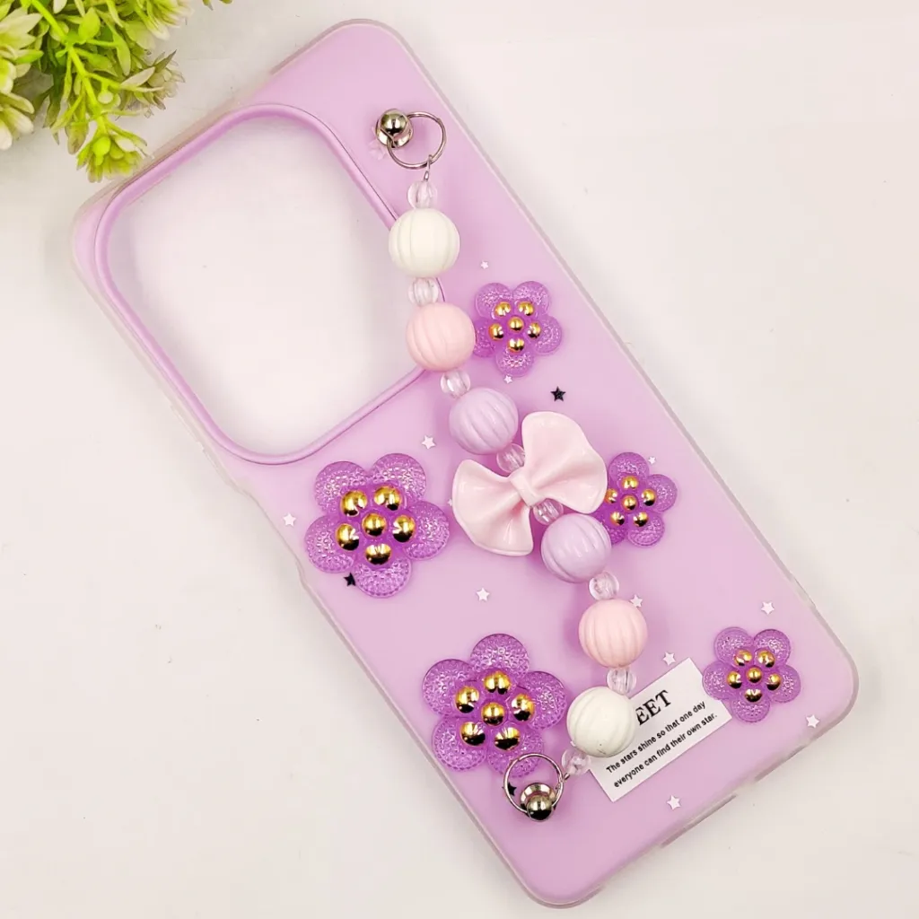 Infinix HOT 40/40 Pro/Spark 20 Pro Fancy Ladies Soft Silicone Decorative Stones & Fancy Chain Mobile Back Case (Light Purple)