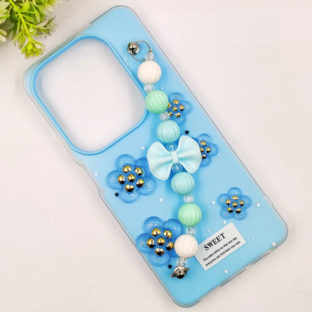 Infinix HOT 40/40 Pro/Spark 20 Pro Fancy Ladies Soft Silicone Decorative Stones & Fancy Chain Mobile Back Case (Sky Blue)