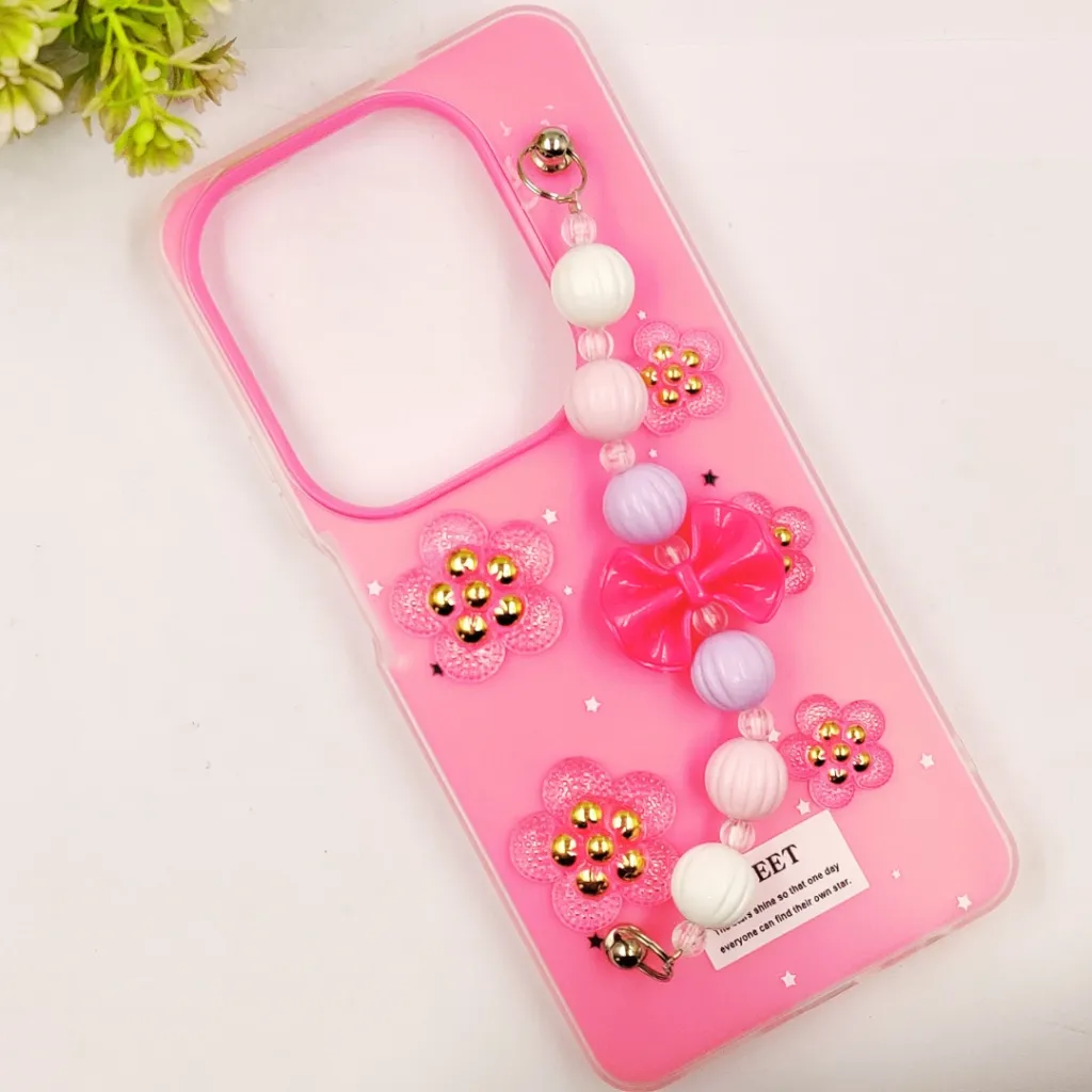 Infinix HOT 40/40 Pro/Spark 20 Pro Fancy Ladies Soft Silicone Decorative Stones & Fancy Chain Mobile Back Case (Pink)