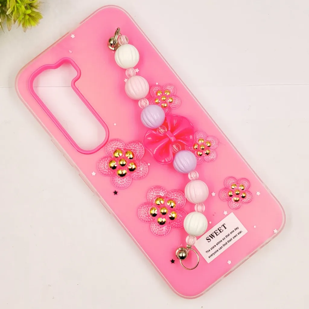 Infinix Hot 50 Pro Plus Fancy Ladies Soft Silicone Decorative Stones & Fancy Chain Mobile Back Case (Pink)