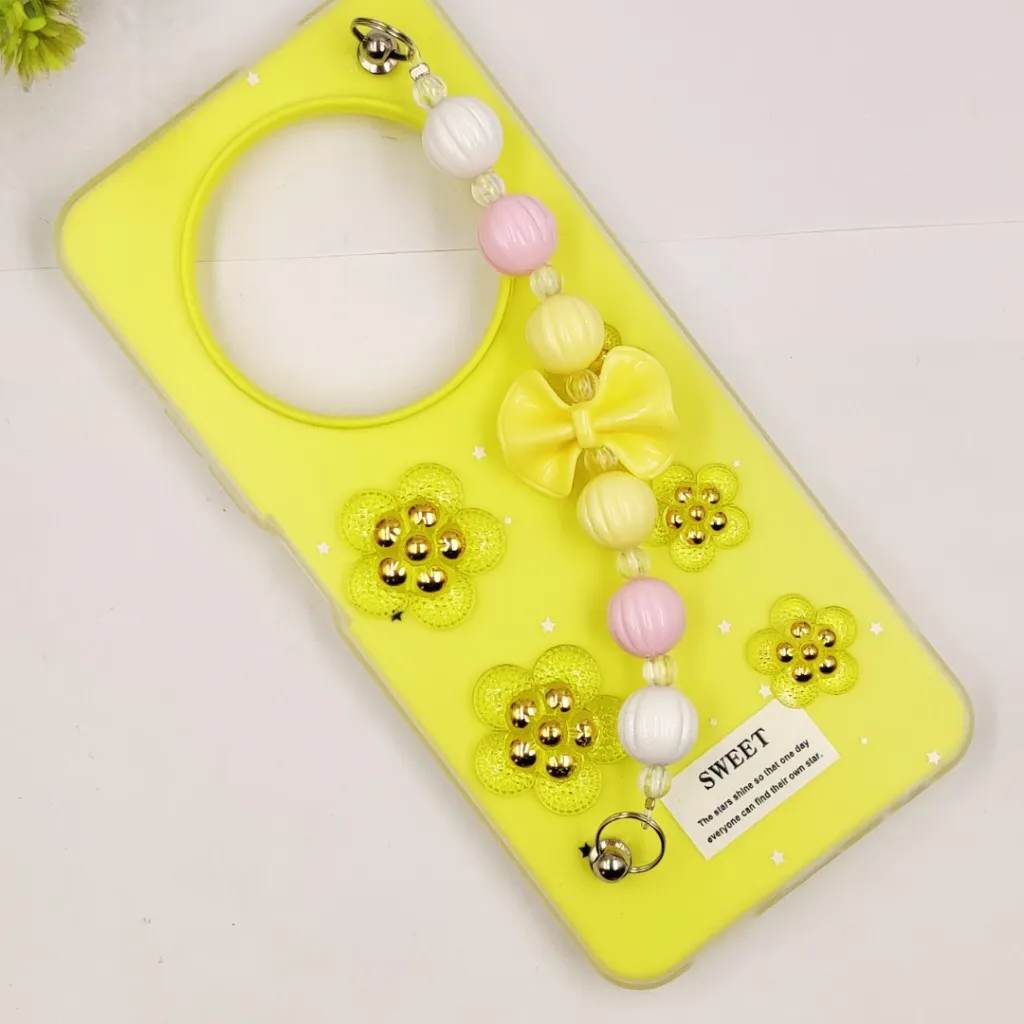 Tecno Spark 30 4G Fancy Ladies Soft Silicone Decorative Stones & Fancy Chain Mobile Back Case (Yellow)