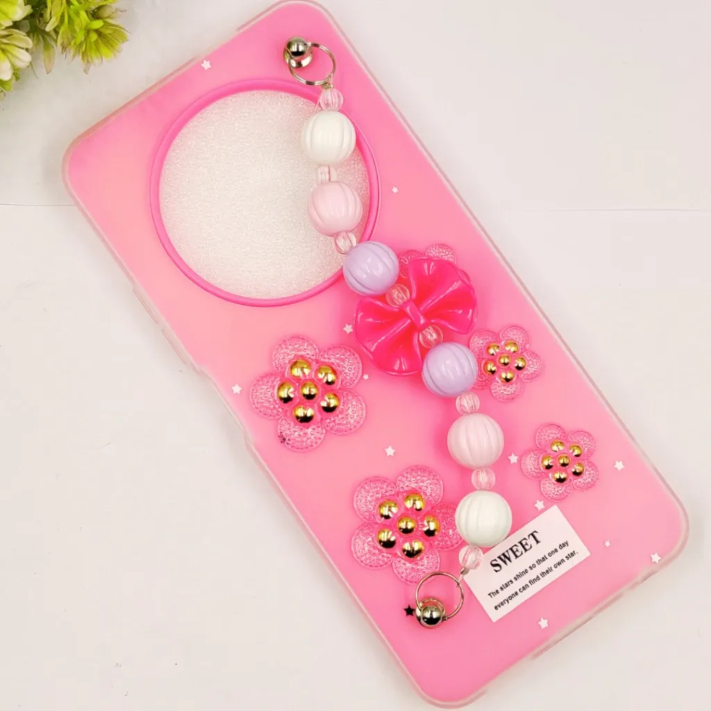 Tecno Spark 30 4G Fancy Ladies Soft Silicone Decorative Stones & Fancy Chain Mobile Back Case (Pink)