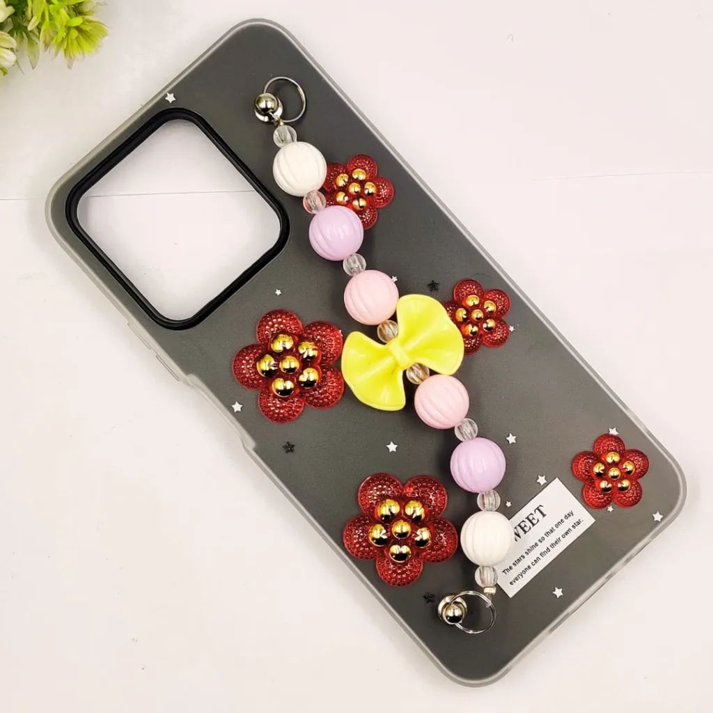 Oppo Realme C51|C53|Note 50 Fancy Ladies Soft Silicone Decorative Stones & Fancy Chain Mobile Back Case (Gray)