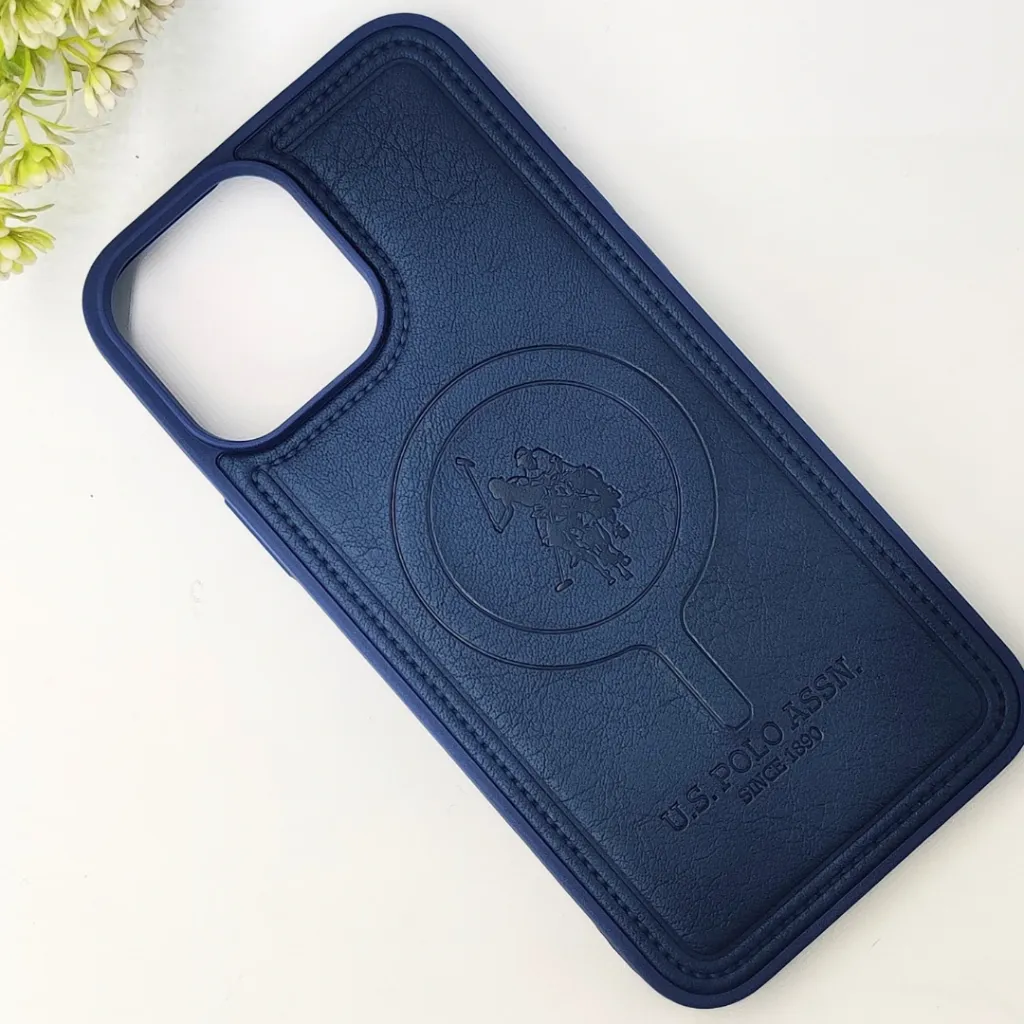 iPhone 13 Pro Max Premium 3D Polo Logo Leather With Magsafe Wireless Charging Compatible Back Case (Navy Blue)