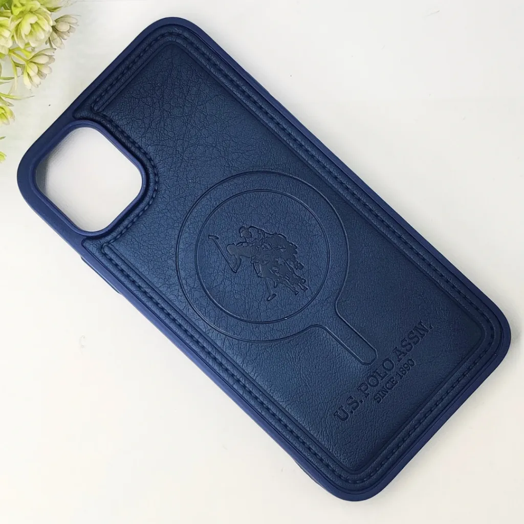 iPhone 11 Premium 3D Polo Logo Leather With Magsafe Wireless Charging Compatible Back Case (Navy Blue)