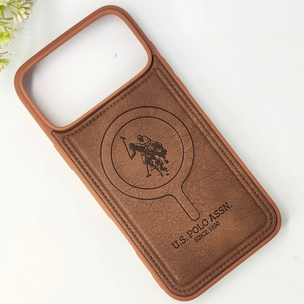 iPhone 17 Pro Max Premium 3D Polo Logo Leather With Magsafe Wireless Charging Compatible Back Case (Brown)