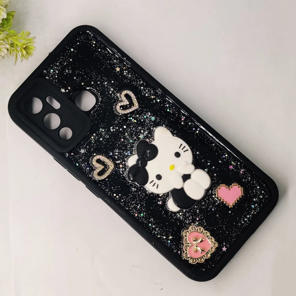 Infinix Hot 12 Play 3D Glitter Glue Rissen Kitty Fancy Back Case (Black)