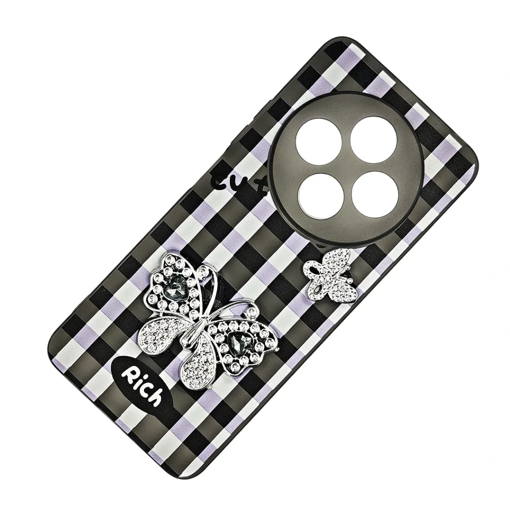 Xaiomi Redmi 14C| Poco C75 Soft Silicone Fancy Silver Stones Butterflies Mobile Back Case (Black)