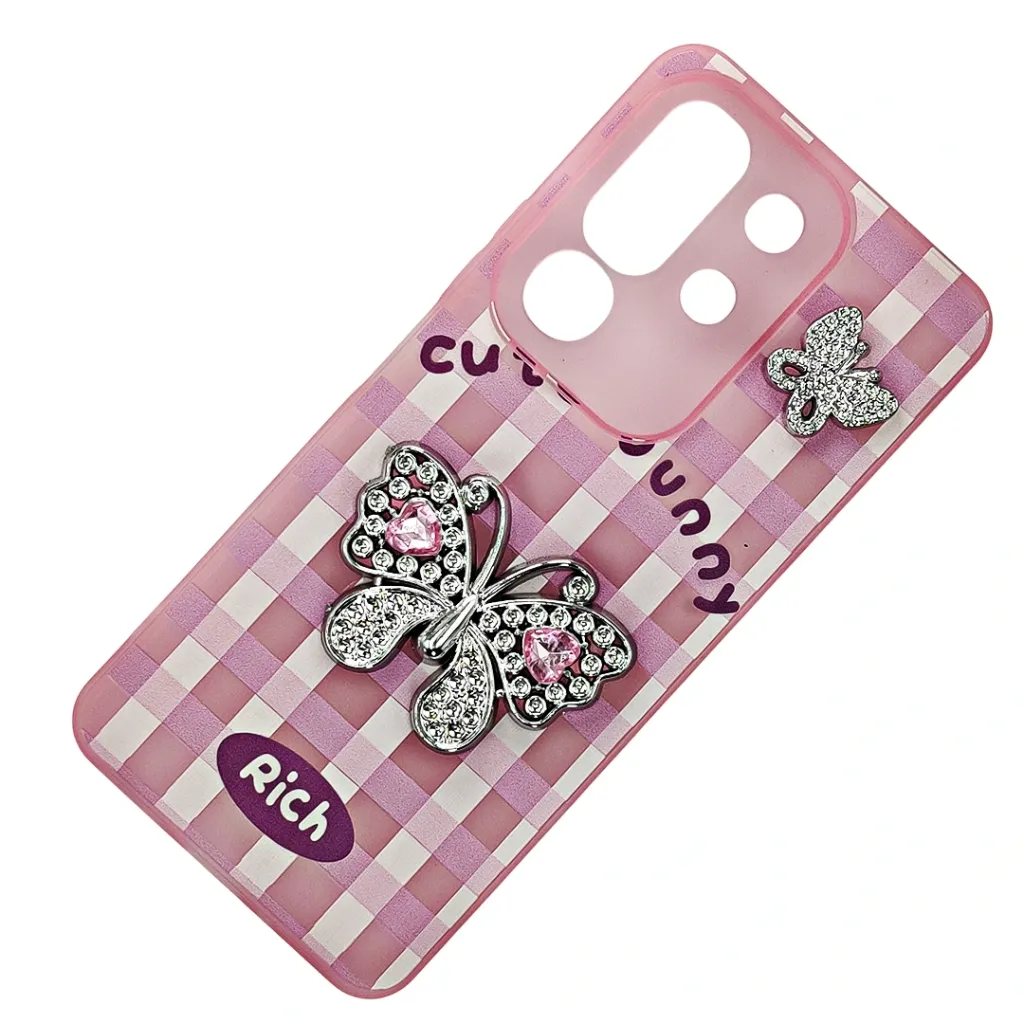 Vivo Y29 4G|T4X 5G Soft Silicone Fancy Silver Stones Butterflies Mobile Back Case (Pink)