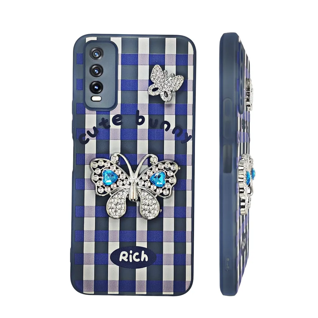 Vivo Y20|Y20i|Y20S|Y12S|Y12A Soft Silicone Fancy Silver Stones Butterflies Mobile Back Case (Blue)