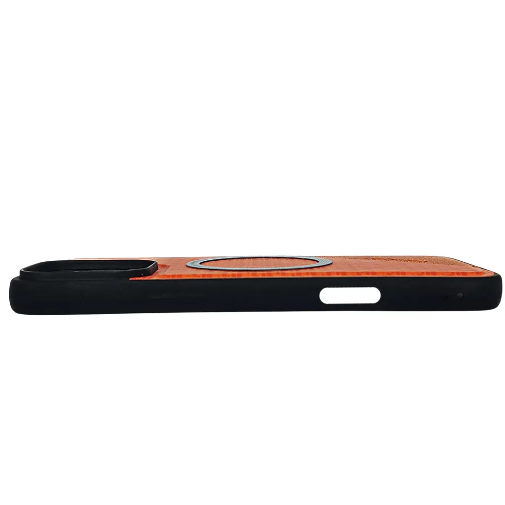 iPhone 16 Pro Max (Spigen) Logo With MagSafe Ring Braded PU Leather Texture Mobile Back Case (Orange)