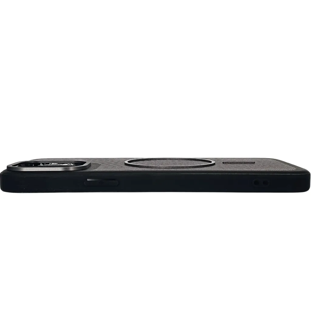 iPhone 13 Pro Max features a distinct leather-like Woven texture and integrated Magsafe Charging compatibility Back Case (Black)