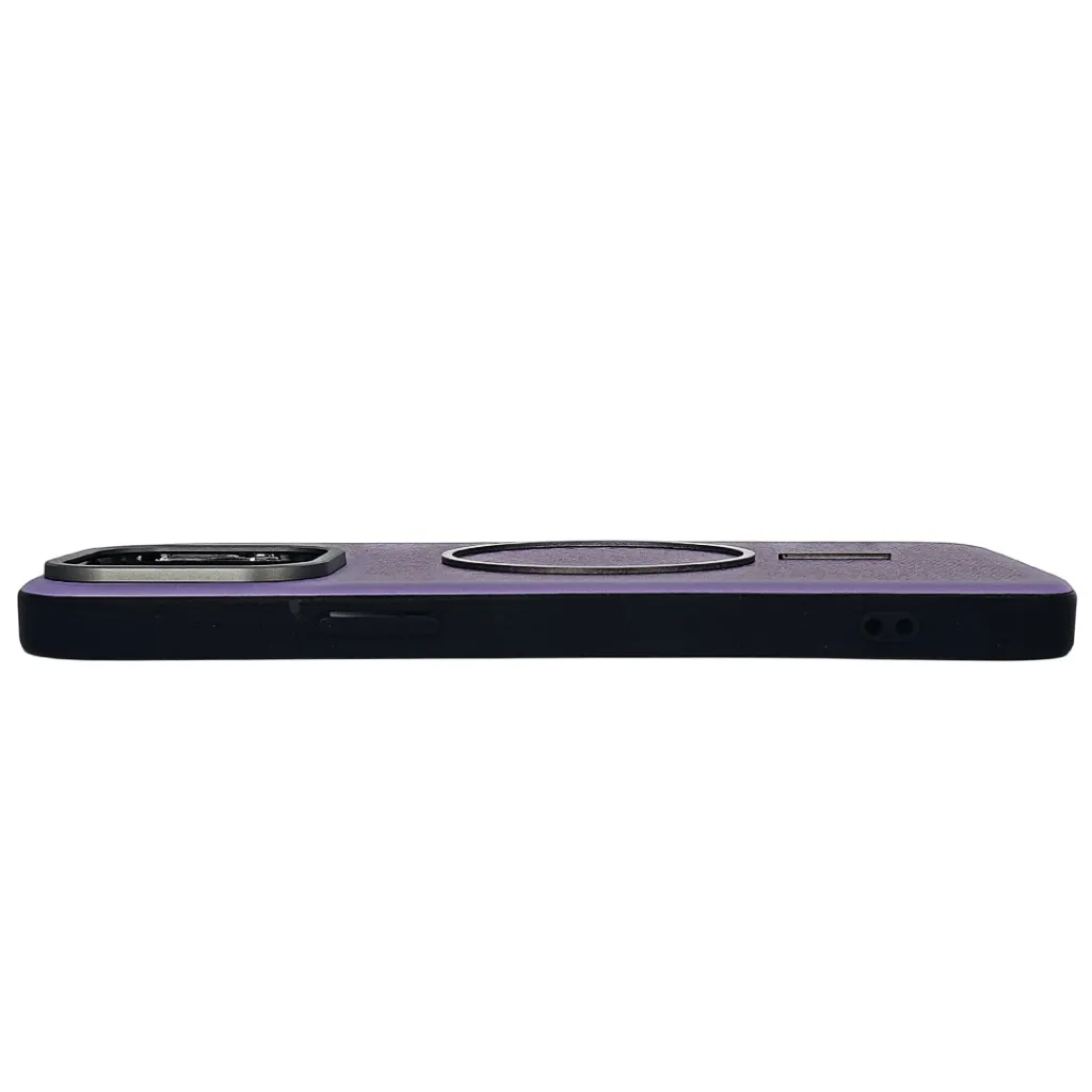 iPhone 14 Pro Max features a distinct leather-like Woven texture and integrated Magsafe Charging compatibility Back Case (Purple)