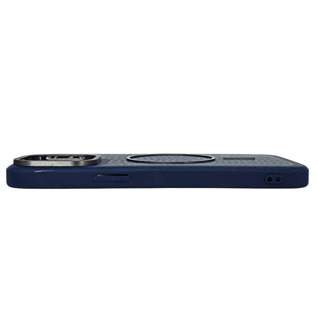 iPhone 15 Pro Max features a distinct leather-like Woven texture and integrated Magsafe Charging compatibility Back Case (Navy Blue)