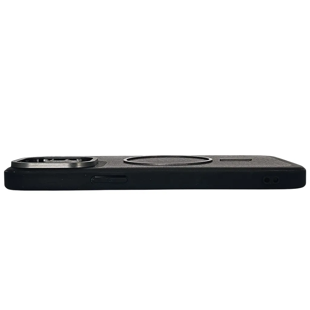 iPhone 15 Pro Max features a distinct leather-like Woven texture and integrated Magsafe Charging compatibility Back Case (Black)