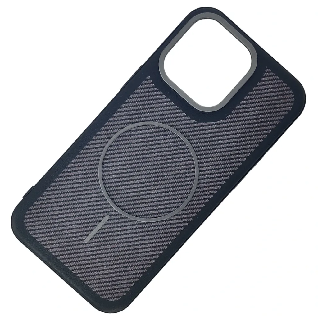 iPhone 15 Pro Max features a distinct leather-like Woven texture and integrated Magsafe Charging compatibility Back Case (Black)