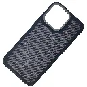 iPhone 15 Pro Max features a distinct leather-like Woven texture and integrated Magsafe Charging compatibility Back Case (Black)