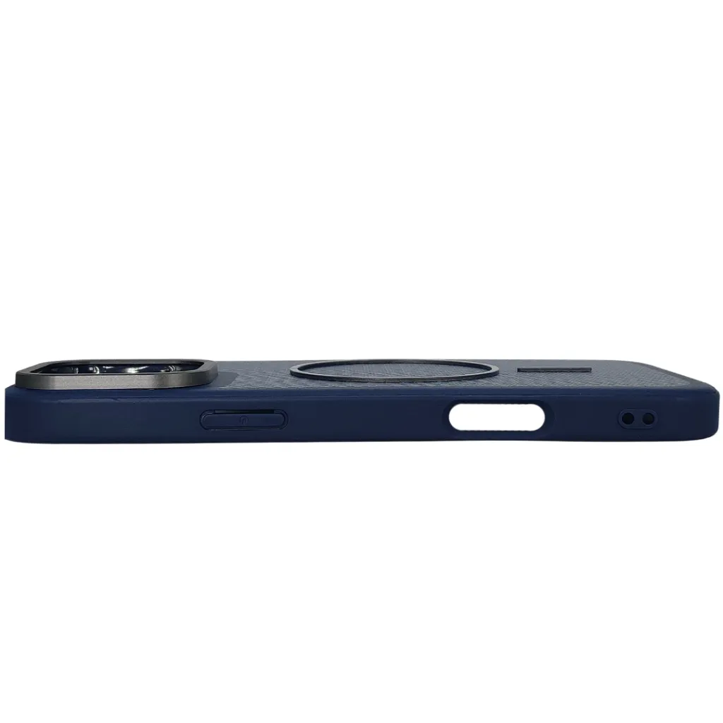 iPhone 16 Pro Max features a distinct leather-like Woven texture and integrated Magsafe Charging compatibility Back Case (Navy Blue)