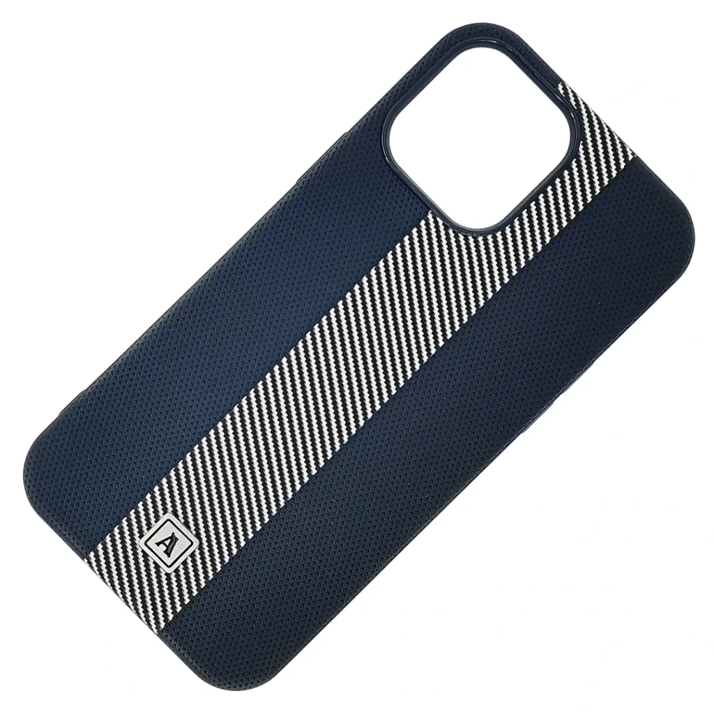 iPhone 13 Pro Max Classic Fit Carbon Fiber Texture Featuring a Central diagonal Stripe Luxuary Leather Feel Back Case (Black)