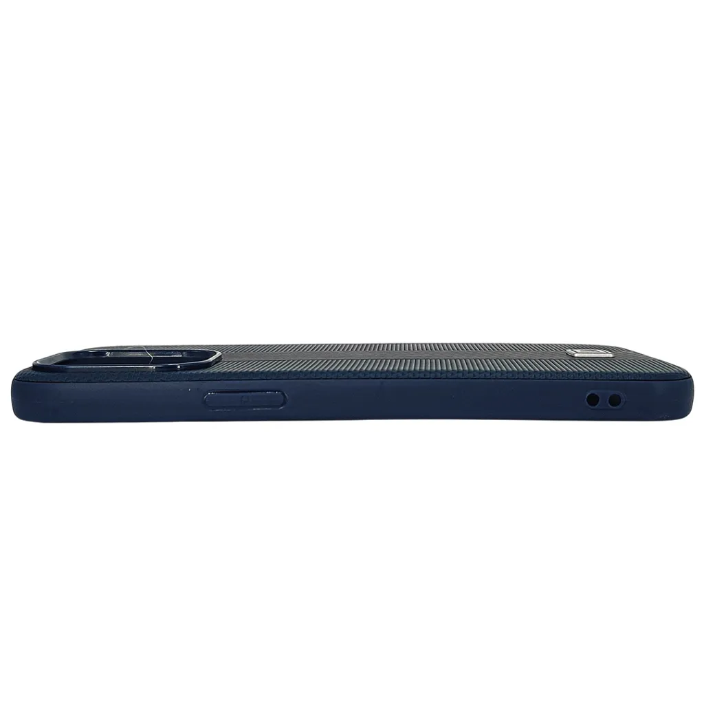 iPhone 13 Pro Max Classic Fit Carbon Fiber Texture Featuring a Central diagonal Stripe Luxuary Leather Feel Back Case (Navy Blue)