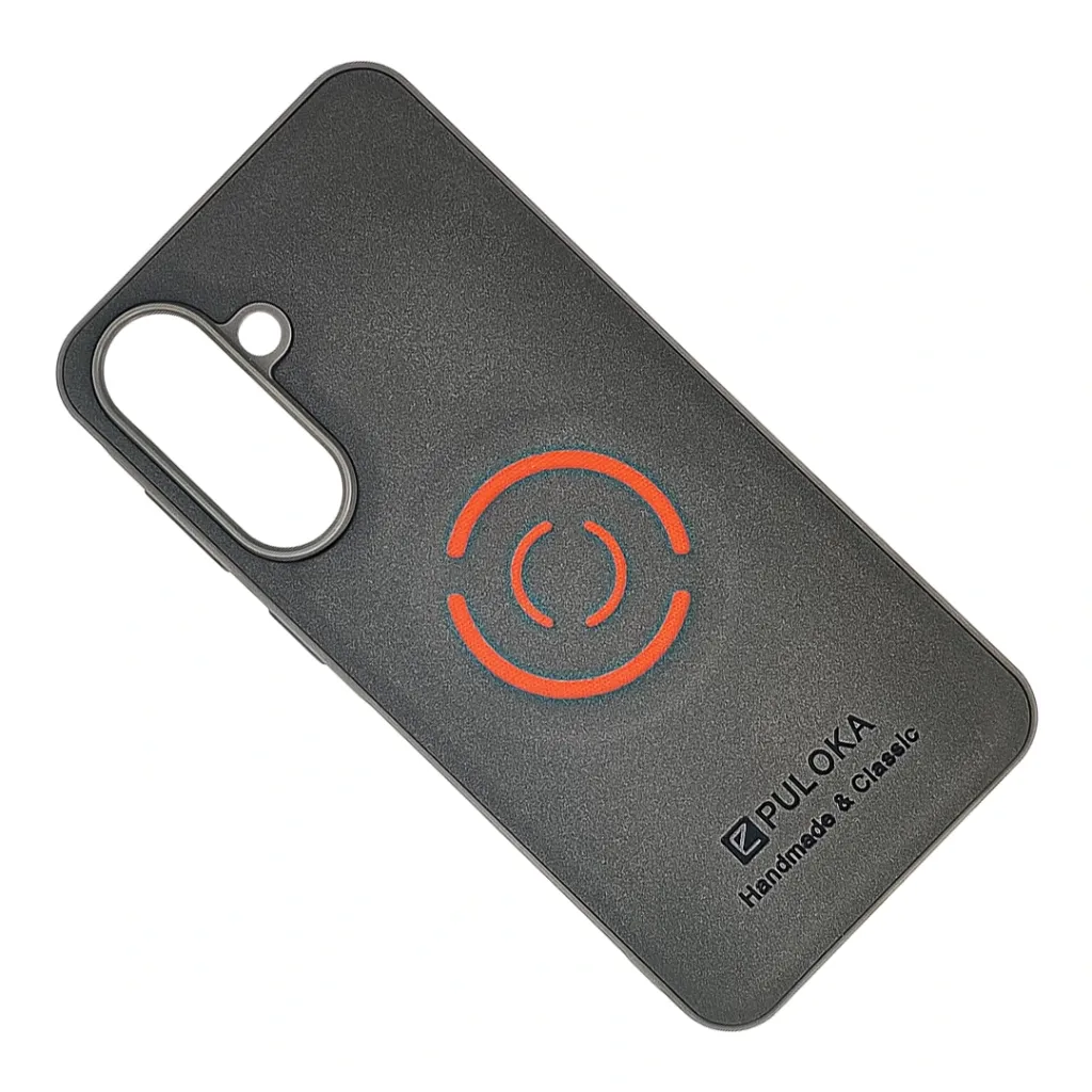 Samsung Galaxy A57|A37 Handmade & Classic Leather With Wireless Magsafe Compatible Orange Ring Design Back Case (Gray)