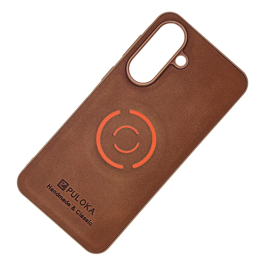 Samsung Galaxy A57|A37 Handmade & Classic Leather With Wireless Magsafe Compatible Orange Ring Design Back Case (Brown)