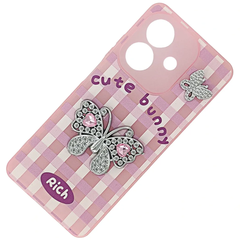 Oppo A3/A3x/A5i Soft Silicone Fancy Silver Stones Butterflies Mobile Back Case (Pink)