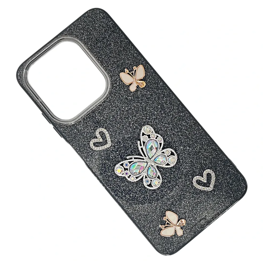 iTel A90 4G Shinny Ladies Fancy Glitter Featuring Butterfly Embelishments Back Case (Black)