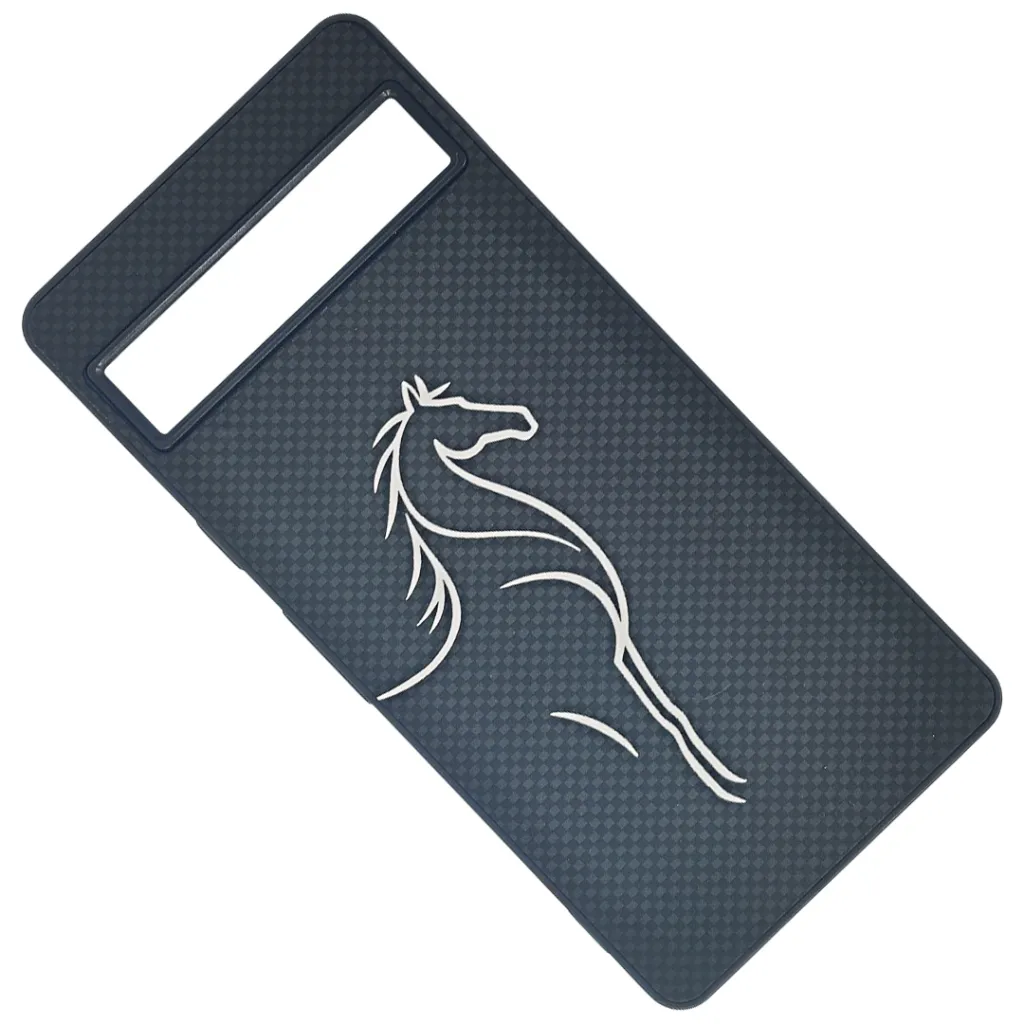 Google Pixel 7A 3D Carbon-Fiber Textured with a White liner Horse Logo design and a rectangular Camera cutout .Premium Luxuary Back Case (Black)